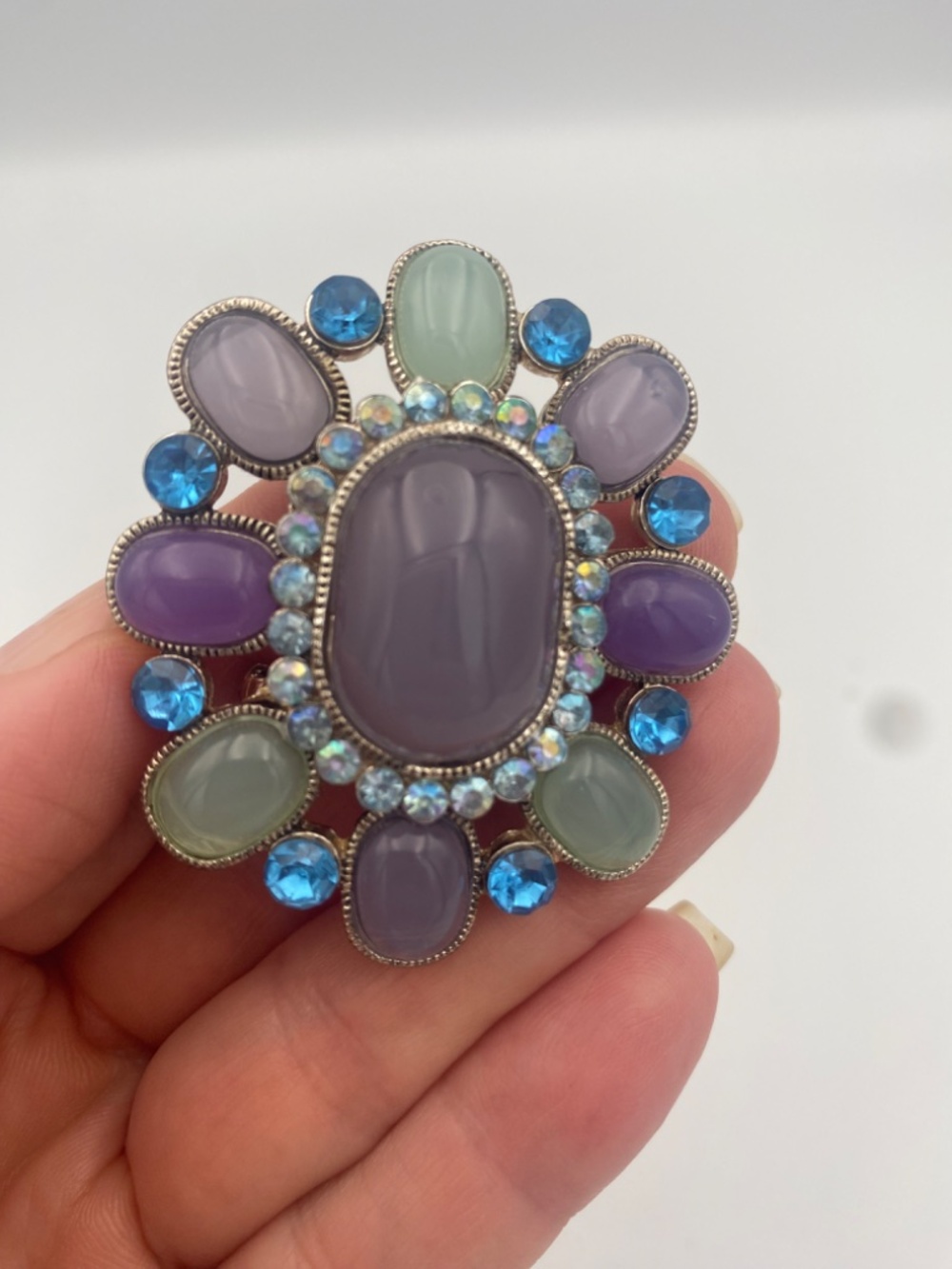 Vintage Brooch Cabochon Glass Mint Green Violet Pin Blue Rhinestones